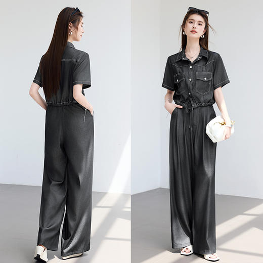 VICTORIA&VERA夏季“蓝拓纪元”系列复古休闲仿牛仔明线外套显瘦阔腿裤套装 商品图2