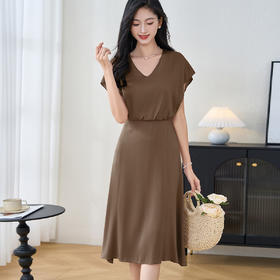 剩S/L/XL/M/XXL 米思阳2025夏季新款高端弹力双乔短袖连衣裙气质桑蚕丝A字裙3273