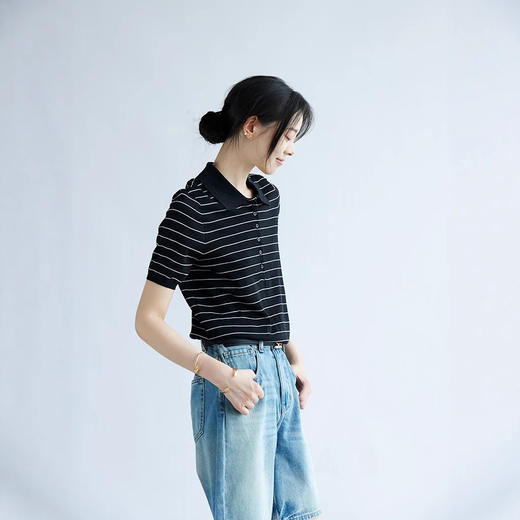 书卷气！2025法式优雅条纹三醋酸棉直筒短袖针织polo衫女夏新款 商品图2