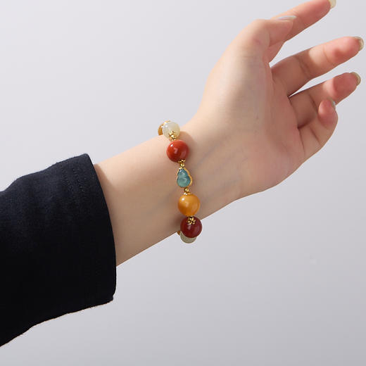 【普陀山】福运连绵 多宝手链14mm大蜜蜡 南红 925银 镀金 蓝水葫芦  多宝手链 商品图5