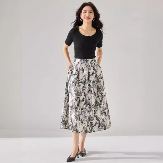 「高货sh」全新升级【铂金会员183/天猫239/差价56】(11447)洛诗琳气质印花压褶半身裙2025夏季高腰显瘦优雅通勤伞裙 商品图3