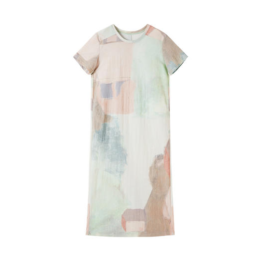 谜底连衣裙短袖女2025秋新品原创艺术印花H型T恤裙长裙253ML1240 商品图4