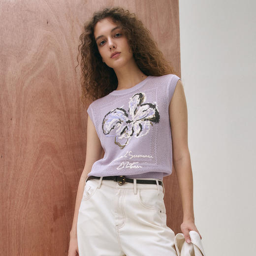 谜底套头针织衫无袖女2025秋季新品文艺风圆领刺绣短款253MZ1308 商品图0