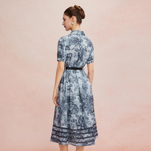 QF8D2斯尔丽25新款复古优雅印花赫本风衬衣式收腰大摆撞色织带连衣裙 商品图1