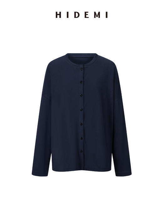 HIDEMI 自然水洗棉做旧感圆领纽扣开衫式t恤长袖上衣 白色/藏青色 商品图10