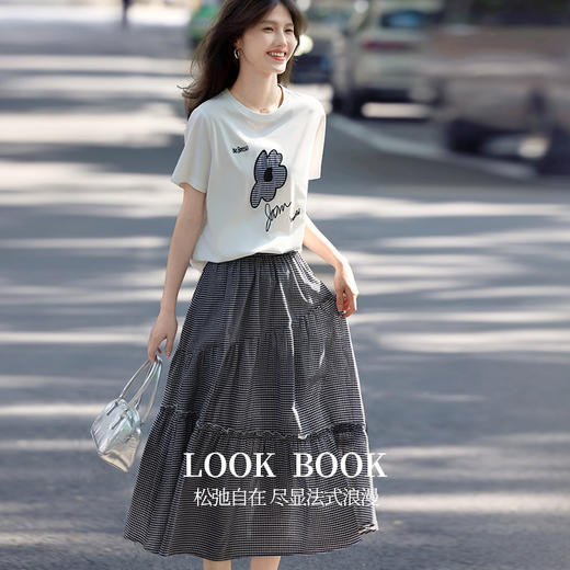 熙世界复古黑白格子半身裙女夏季薄款高级感a字伞裙高腰蛋糕半裙 商品图1