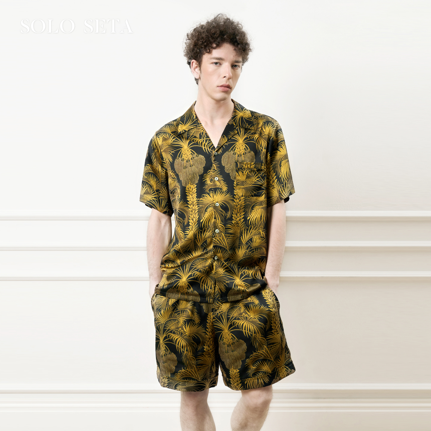 Solo seta22姆米男士真短袖短裤套装桑蚕丝印花家居服2025秋冬