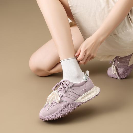 ZHR真皮透气德训鞋女夏季商场同款2025厚底休闲网面紫色阿甘鞋 商品图10