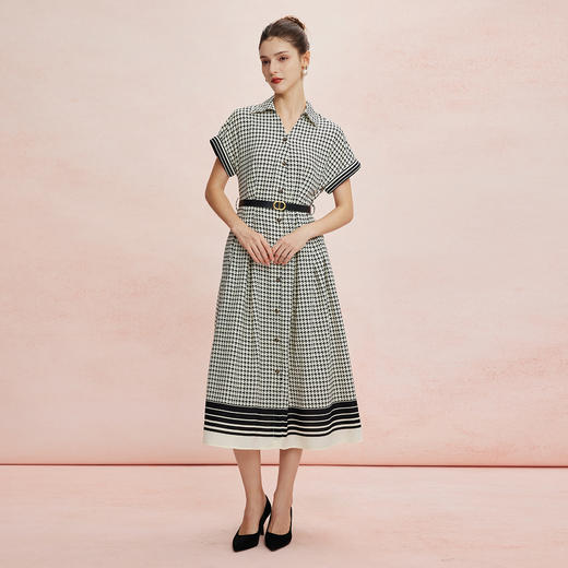 QF8D3斯尔丽25新款赫本风定位千鸟印花欧范收腰大摆搭配腰带时尚连衣裙 商品图8
