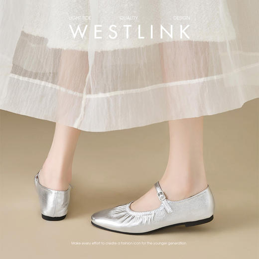 西遇法式单鞋女新款秋季褶皱圆头浅口软底平底鞋银色玛丽珍鞋V1456902 商品图3