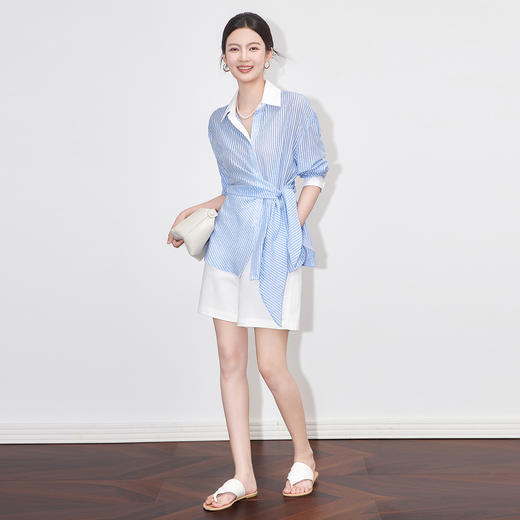 「高货wl」全新升级【铂金会员257/天猫339/差价82】(02953)洛诗琳设计感重工烫钻衬衫2025夏季天丝混纺收腰条纹上衣 商品图0