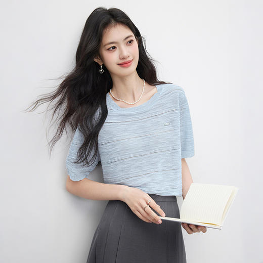 【周四狂欢价】熙世界竹节麻感冰丝针织衫女薄款夏季短袖女宽松镂空正肩T恤上衣 商品图4