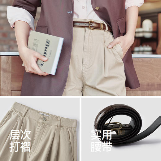 森马休闲裤女做旧宽松阔腿裤简约通勤秋磨毛纯棉打褶长裤腰带百搭 商品图3