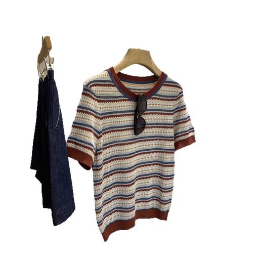 百搭又好穿，2025夏季丝麻撞色镂空肌理感条纹针织T恤女款！ 商品图4