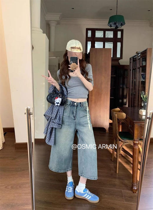 梨形天菜高腰A字韩版复古水洗七八分牛仔裤 商品图3