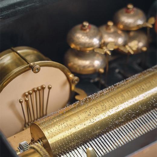 【已售】独角鹿西洋古董瑞士出品古典花叶主题细木镶嵌外箱配铃铛响鼓滚轴式音乐盒 商品图3