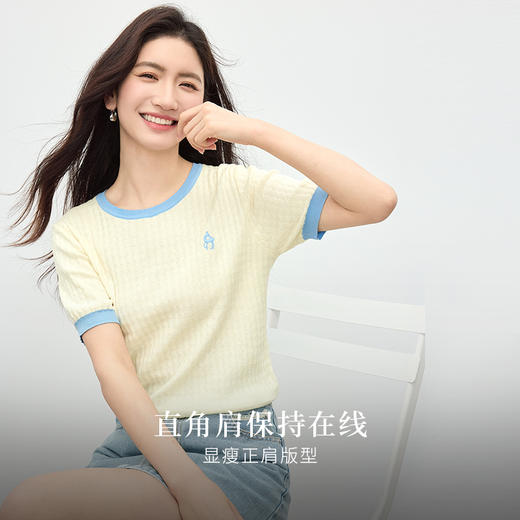 【专属特价】熙世界100%匹马棉针织短袖T恤女正肩设计感撞色圆领上衣2025夏天 商品图1