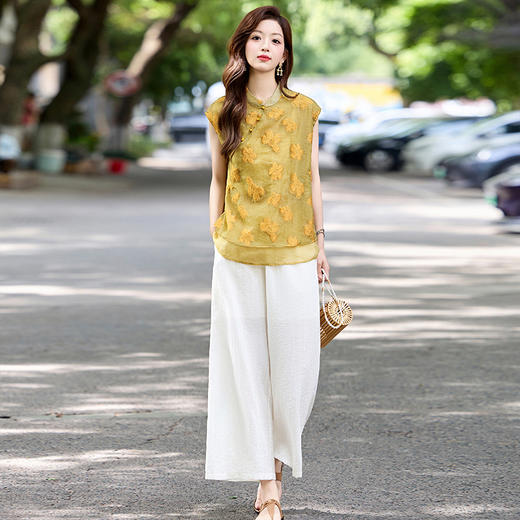 新中式复古刺绣套装女2025夏季新款洋气减龄显瘦上衣阔腿裤两件套ZYFA8863 商品图0