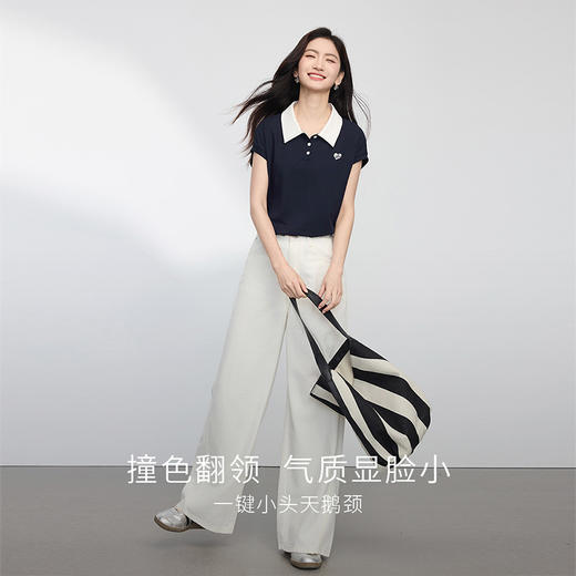 熙世界飞飞袖撞色翻领T恤女短袖2025夏日新款设计感爱心刺绣上衣 商品图2