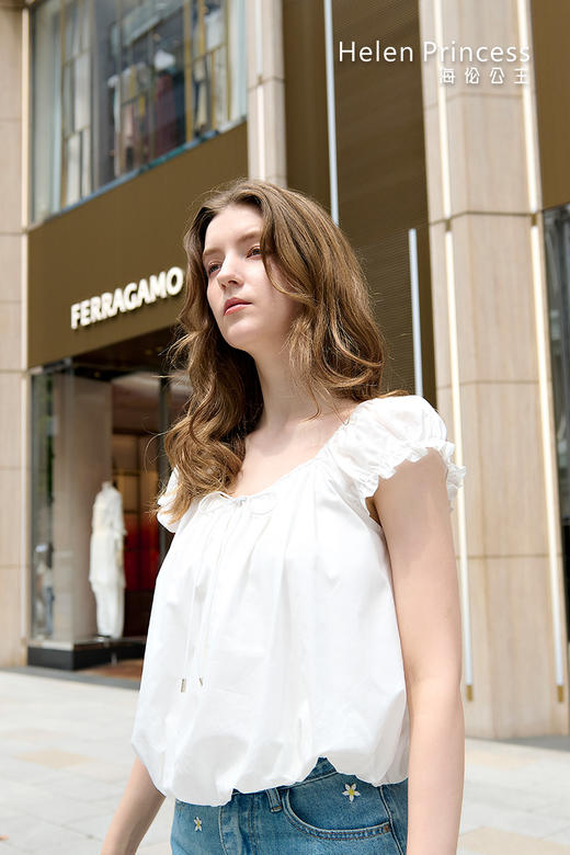 系带蝴蝶结小飞袖上衣 商品图0