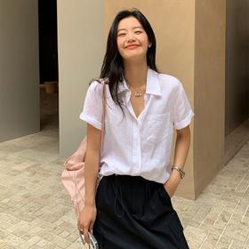 【超日常慵懒极简 棉麻短袖衬衫】棉麻混纺透气不闷 折边袖口 自由随意 极简大方 不费力的时髦