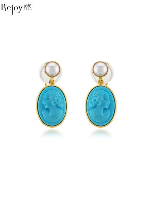 【天猫同款】悦甄 18k金akoya花纹美松石耳夹 蓝雅 商品图0