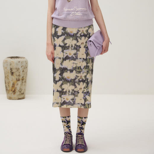 谜底半裙女2025秋季新品复古艺术印花细压褶百搭中长裙253MB1015 商品图1