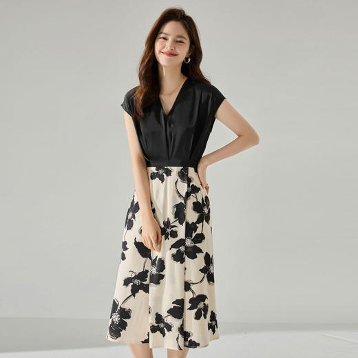 「高货sh」全新升级【铂金会员293/天猫389/差价96】(10922)洛诗琳新中式印花拼接连衣裙2025夏季国风显瘦优雅通勤裙 商品图2