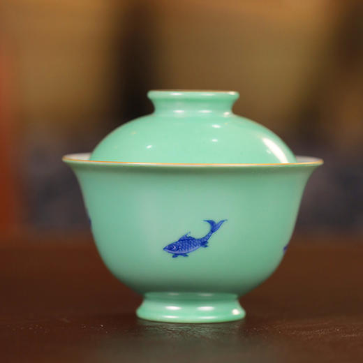 【忘言】青花五鱼纹茶盖碗 曰何文人器 商品图0