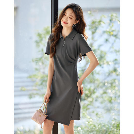 【周四狂欢价】熙世界透气拉链POLO裙女25夏新款直筒短袖抽褶显瘦不规则连衣裙子 商品图3