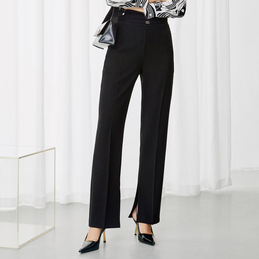 EITIE爱特爱简约干练微喇开叉显瘦黑色高腰休闲裤秋季新款7905602 商品图3