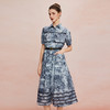 QF8D2斯尔丽25新款复古优雅印花赫本风衬衣式收腰大摆撞色织带连衣裙 商品缩略图0