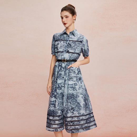 QF8D2斯尔丽25新款复古优雅印花赫本风衬衣式收腰大摆撞色织带连衣裙 商品图0