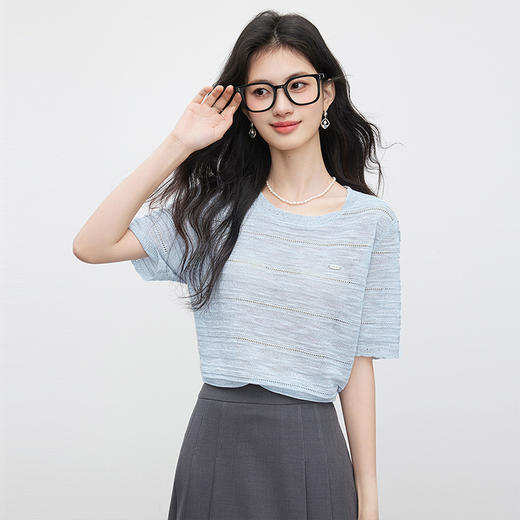 【周四狂欢价】熙世界竹节麻感冰丝针织衫女薄款夏季短袖女宽松镂空正肩T恤上衣 商品图3