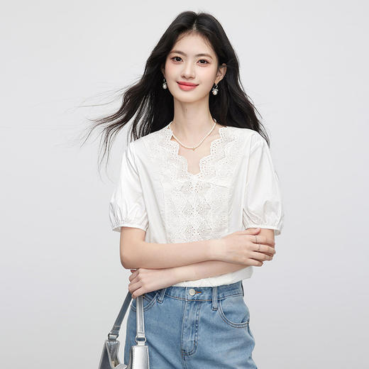 熙世界法式泡泡袖天丝白衬衫女士夏季荷叶花边独特超好看小衫上衣 商品图2