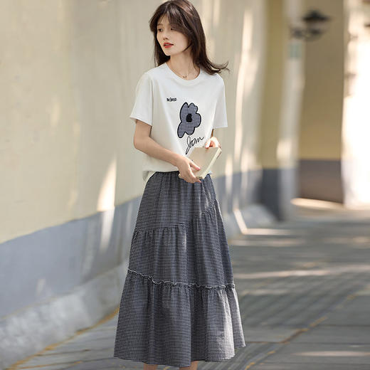 熙世界复古黑白格子半身裙女夏季薄款高级感a字伞裙高腰蛋糕半裙 商品图4