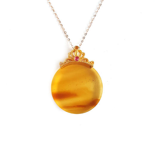 【天然正品】AU750黄金镶天然无杂裂棕色圆形意境琥珀吊坠项链32.3*24.8*6.2MM（皆取最大值）女士现售价：1080特价！190625NJS01 商品图0