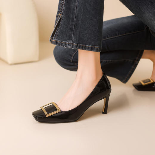 【预售5天】经典方头方扣真皮法式气质新娘单鞋女职业通勤工作高跟鞋FDJ&YC-549 商品图3