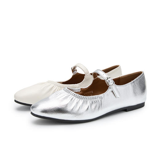 西遇法式单鞋女新款秋季褶皱圆头浅口软底平底鞋银色玛丽珍鞋V1456902 商品图4