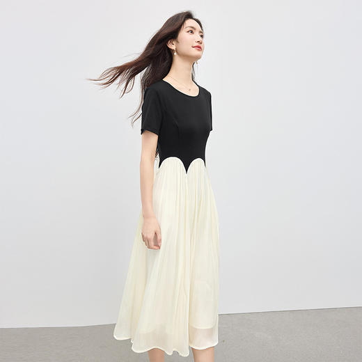 【专属特价】熙世界淡人穿搭黑色短袖拼接雪纺裙子假两件连衣裙女2025夏天新款 商品图2