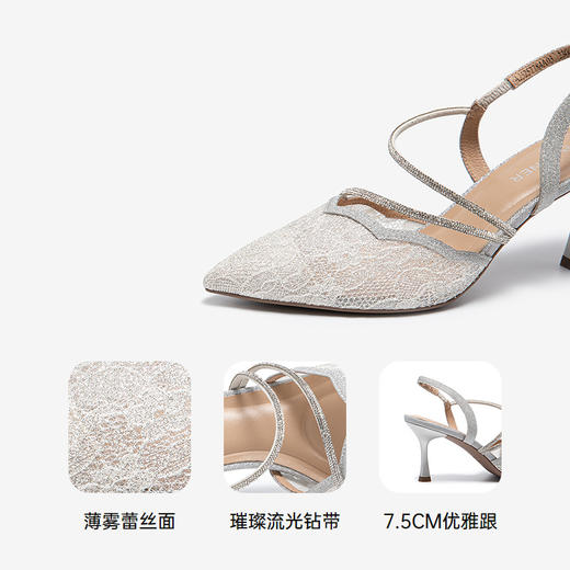 千百度蕾丝细高跟婚鞋时装凉鞋女包头宴会婚礼新娘鞋A25257784 商品图3