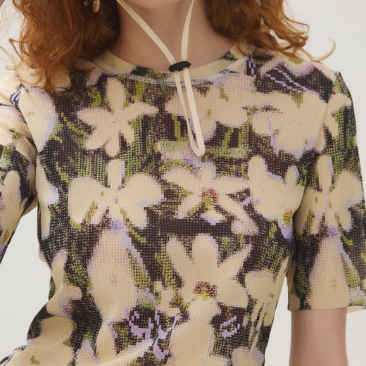 谜底T恤短袖女2025秋新品复古文艺弹力网布软糯印花上衣253MT1012 商品图3