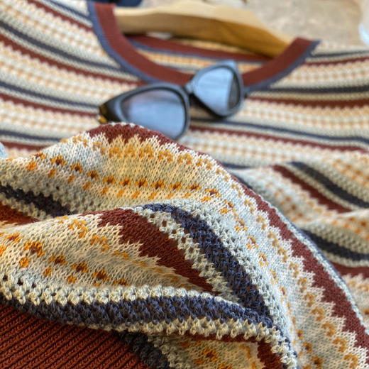 百搭又好穿，2025夏季丝麻撞色镂空肌理感条纹针织T恤女款！ 商品图0