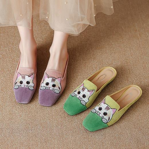 【预售5天】刺绣羊翻绒内增高半拖鞋女包头外穿时尚拼色方头凉拖鞋HYT&7445 商品图4