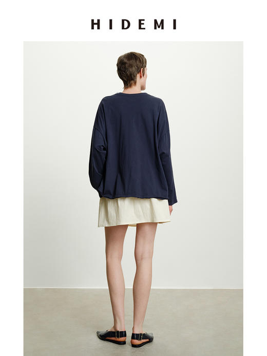 HIDEMI 自然水洗棉做旧感圆领纽扣开衫式t恤长袖上衣 白色/藏青色 商品图7