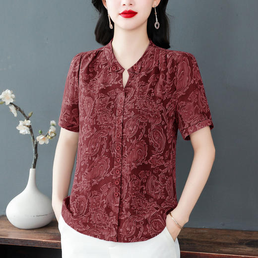 KQL765G379妈妈装花色短袖雪纺衬衫女士夏季百搭减龄小衫宽松显瘦冰丝上衣女 商品图0