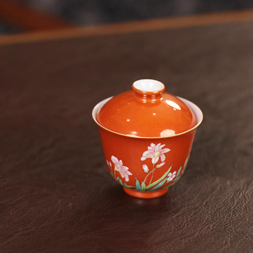 【忘言】矾红粉彩萱草纹小茶碗 盖碗 曰何文人器 商品图1