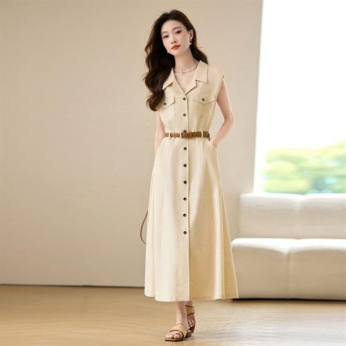 麻本色时尚设计百搭洋气显瘦，腰带款单排扣双口袋精致衬衫裙HR-YBER282 商品图3