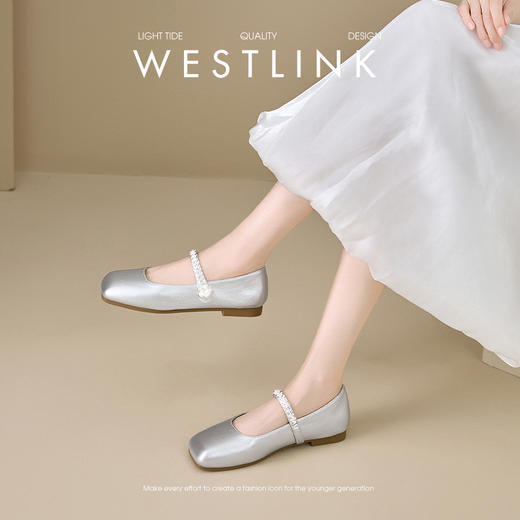 西遇平底玛丽珍鞋女新款秋季法式水钻方头小皮鞋软底银色单鞋V1456898 商品图2