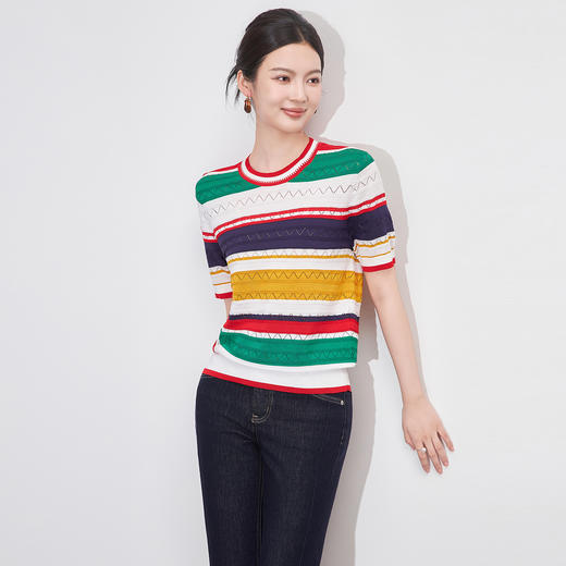 「高货wl」全新升级【铂金会员220/天猫299/差价79】(05204)洛诗琳撞色条纹T恤2025夏季立体波浪纹超细兰精天丝上衣 商品图0